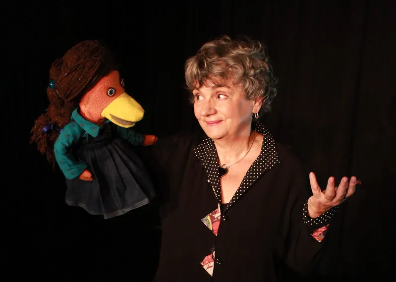 Duck on hand, a Brookline puppeteer tackles life, death and politics